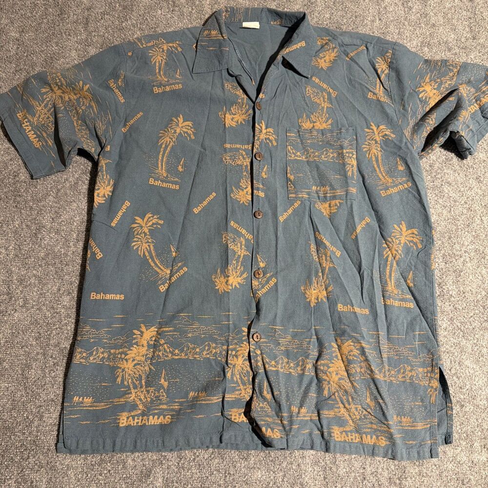 Bahamas Hawaiian Camp Shirt Mens 2XL Blue Short Sleeve Button Front 100% Cotton